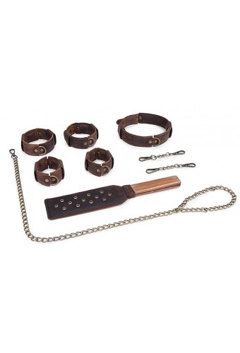 Kit SM 4 pièces Vitaggo marron - Bondage vintage en cuir véritable