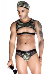 Tenue militaire sexy - Déguisement 4 pièces avec top, slip et béret