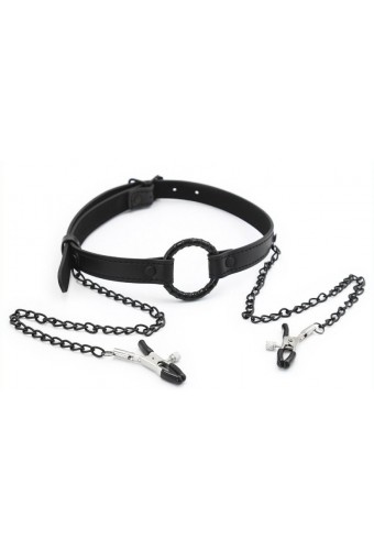 Bâillon-Anneau et Pince-Tétons Gag Nip Noir 