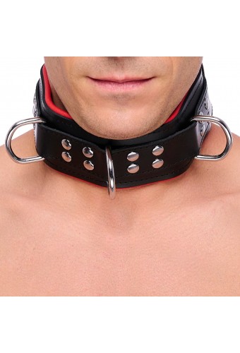 Collier en cuir rembourré avec 3 anneaux D Rouge 