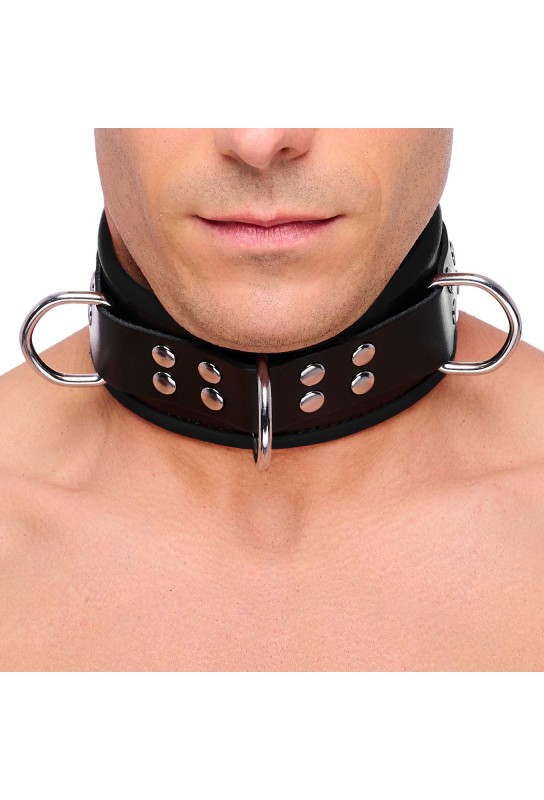 Collier en cuir 3 anneaux D Noir 