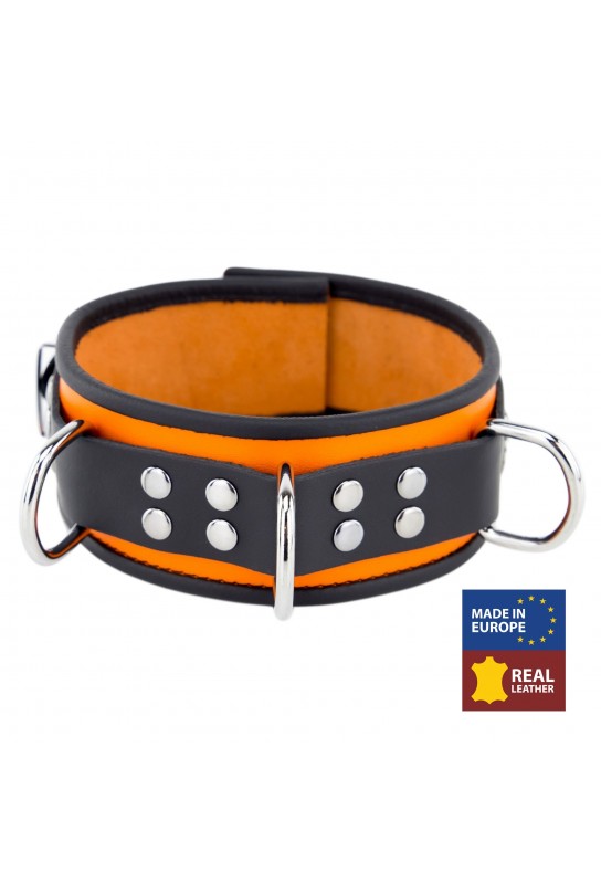 Collier en cuir 3 Anneaux D Orange-Noir 