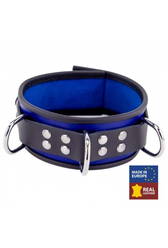 Collier en cuir - 3 anneaux D - Bleu/Noir 