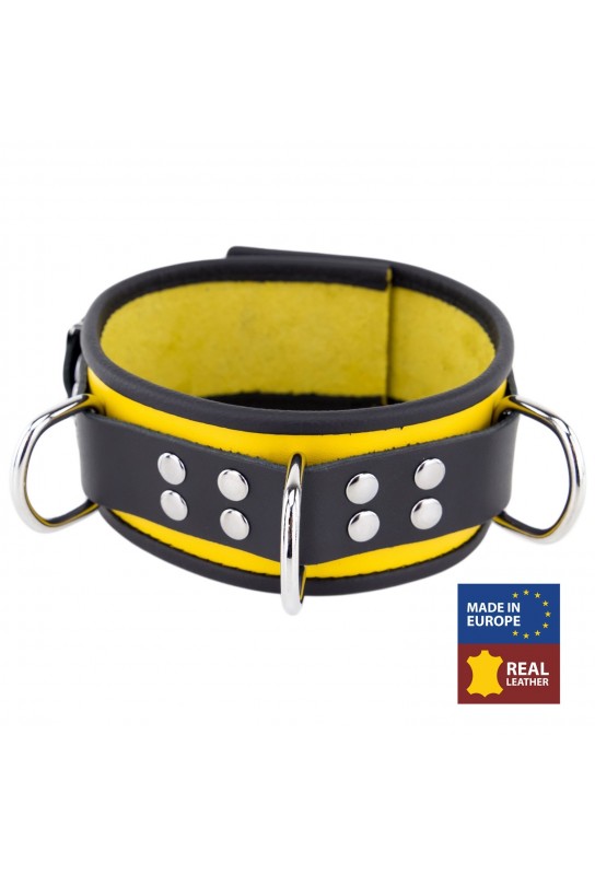 Collier en cuir 3 Anneaux D Jaune-Noir 