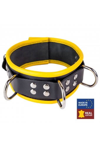 Collier en cuir - 3 anneaux D - Noir/ Jaune 