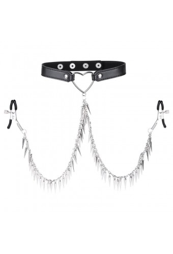 Collier avec Pince-Tétons Spike Heart Noir 