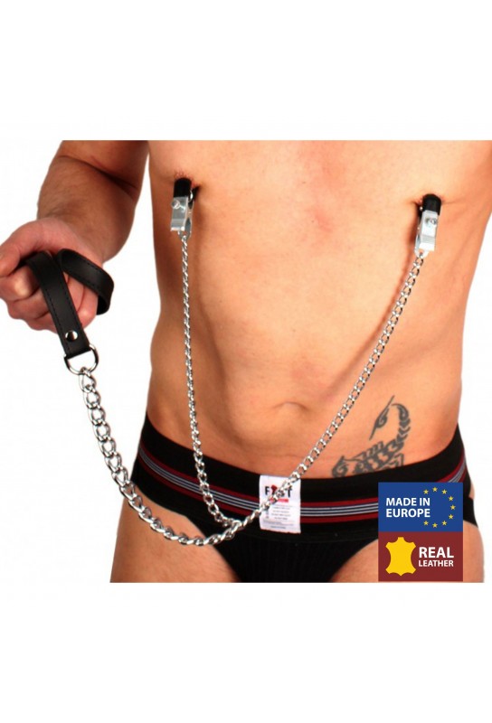 Pinces à seins + laisse ( métal + cuir ) 