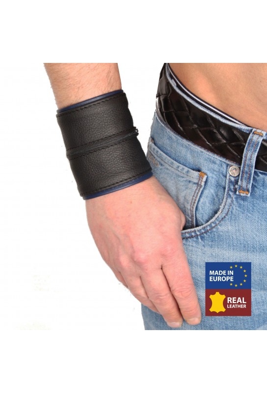Poignet bracelet de force en cuir - Noir/Bleu avec zip 