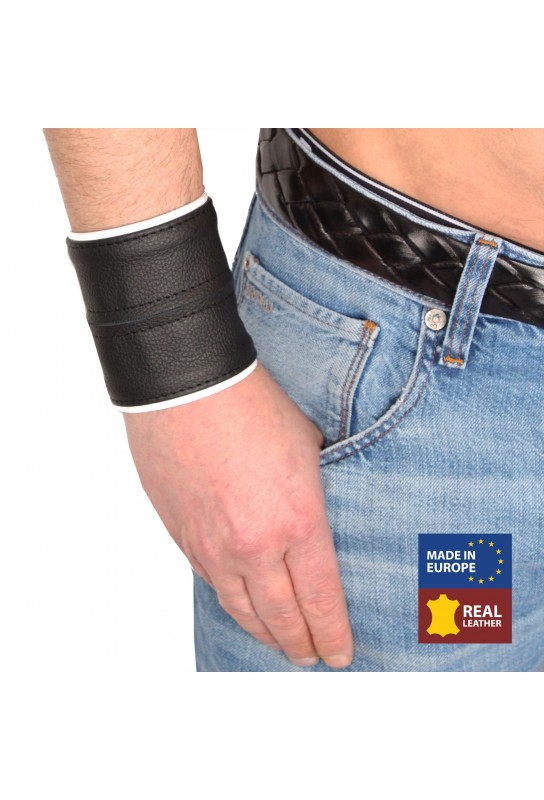 Poignet bracelet de force en cuir - Noir/Blanc avec zip 