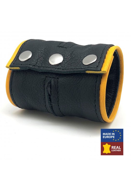 Poignet bracelet de force en cuir - Noir/Jaune- avec zip 