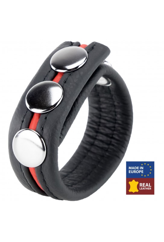 Cockring en cuir 3 Pressions Noir-Rouge 