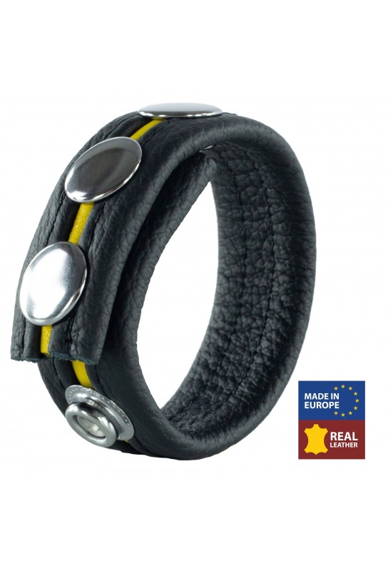 Cockring en cuir 3 Pressions Noir-Jaune 