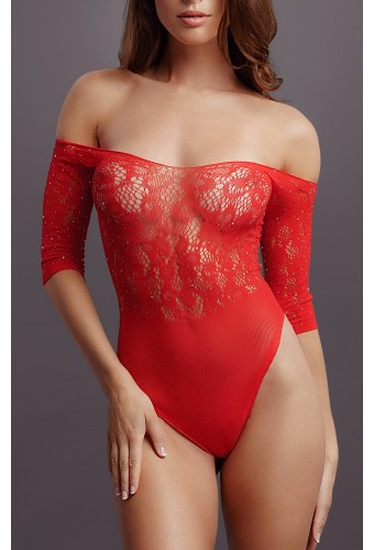 Body ouvert Rhinestone - Rouge 