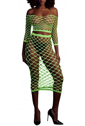 Bustier et Robe Filet Épaules dénudées Vert Fluo 