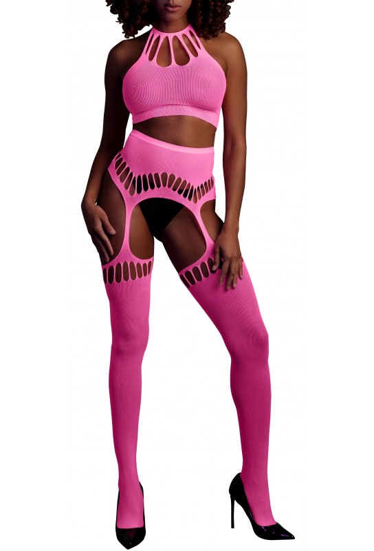 Ensemble Bustier Dos nu et Porte-Jarretelles 2 Pièces Rose Fluo 