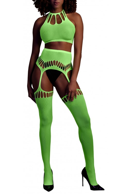 Ensemble Bustier Dos nu et Porte-Jarretelles 2 Pièces Vert Fluo 