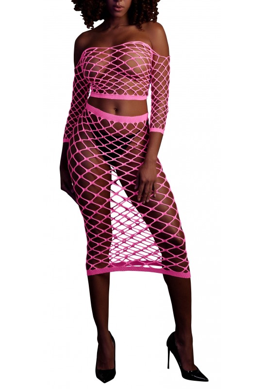 Bustier et Robe Filet Épaules dénudées Rose Fluo 