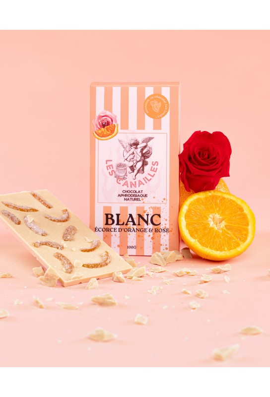 Tablette de Chocolat Aphrodisiaque Blanc Écorces d'orange & Rose 100g 