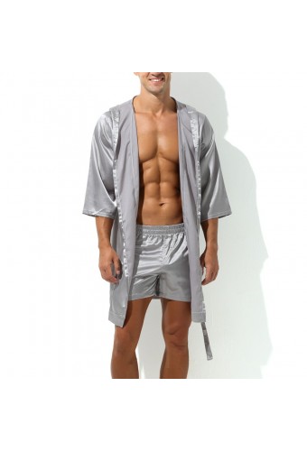 Peignoir effet satiné Long Slit Gris 