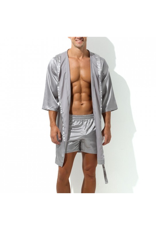 Peignoir effet satiné Long Slit Gris 