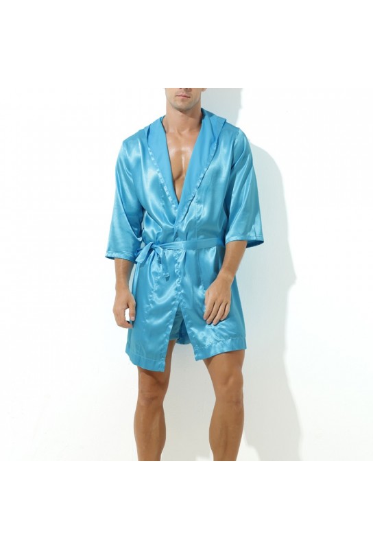 Peignoir effet satiné Long Slit Bleu Turquoise 